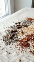 Assorted superfood seeds and spices scattered on natural linen fabric near window creating healthy nutrition concept for wellness and organic cooking.