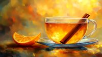 Glowing cup of hot tea with cinnamon stick and fresh orange slice on saucer against warm autumn bokeh background, cozy seasonal drink composition.