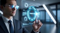 Professional businessman in suit touching futuristic holographic interface with thank you message in modern office environment for business technology concepts.