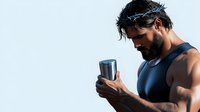 Muscular bearded Hispanic man in sleeveless shirt holding protein shake after workout, side view against light background. Athletic fitness lifestyle concept.