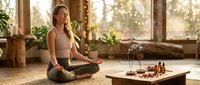 Young blonde woman practicing meditation in lotus position on yoga mat in sunlit room with plants and essential oils for mindfulness and wellness routine.