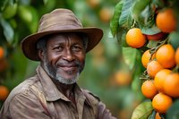 Mature African American farmer smiling while harvesting fresh oranges in citrus grove, wearing brown hat and work clothes, surrounded by ripe fruit and green foliage.