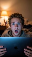 Caucasian male with curly brown hair displaying shocked expression while holding tablet device in bedroom with warm lamp lighting in background.