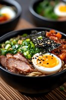 Asian noodle bowl with sliced meat, soft boiled egg, seaweed, green onions and sesame seeds in black ceramic bowl on bamboo mat. Close up food photography.