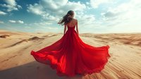 Woman in flowing red dress standing in vast desert landscape with sand dunes under blue sky with clouds, suitable for fashion, travel, and lifestyle editorial use.