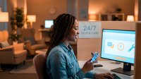 Young African American woman working late at computer in modern office providing 24/7 customer support and care services for business clients.
