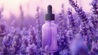 Purple glass dropper bottle surrounded by blooming lavender flowers in soft focus. Natural aromatherapy and essential oil concept against dreamy purple background.