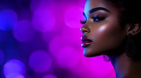 Young African American woman with glowing skin and glamorous makeup in profile against purple and blue bokeh background, dramatic lighting highlights facial features.