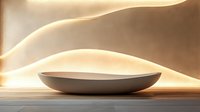 Minimalist ceramic plate on wooden surface against flowing beige waves background creates modern composition with dramatic lighting and shadows.