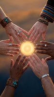 Circle of hands with henna tattoos and boho jewelry creating unity around glowing sun light at golden hour for spiritual wellness and teamwork concepts.