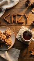 Cozy autumn flatlay with hot tea, oat cookies, cinnamon sticks spelling COZY, pine cones, and star anise on rustic wooden table.