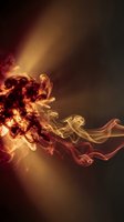 Abstract golden orange smoke swirls flowing against dark gradient background creating dramatic atmospheric effect for creative design projects.