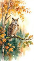 Watercolor great horned owl perched on autumn branch with golden maple leaves and birch trees in warm fall forest scene for nature art and seasonal decor.