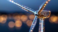 Wind turbine with golden bokeh lights in background, close-up view showing modern sustainable energy technology at dusk, dramatic lighting creates atmospheric mood.