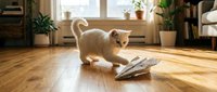 Ginger cat playing with newspaper on wooden floor in bright living room with plants and natural sunlight, suitable for pet and home decor content.