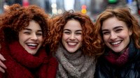 Three diverse young women with curly hair wearing winter scarves laughing together outdoors, expressing genuine joy and friendship in urban setting with bokeh lights.