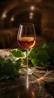 Elegant wine glass filled with amber liquid on marble surface with grape leaves in atmospheric cellar setting for luxury dining and hospitality concepts.
