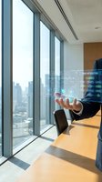 Business professional using holographic interface technology in modern office with city skyline view for digital transformation and innovation concepts.