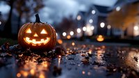 Carved jack-o-lantern pumpkin glowing with warm light on wet ground surrounded by autumn leaves and bokeh city lights, suitable for seasonal marketing and holiday designs.