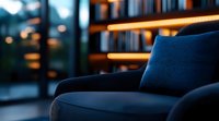 Cozy navy blue armchair in modern interior with warm ambient lighting and bokeh effect. Minimalist home decor setting creates relaxing atmosphere.