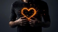 Glowing heart shape formed by magical light particles floating between hands against dark background, sparkling orange energy creating romantic atmosphere.