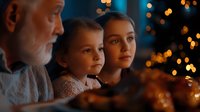 Heartwarming holiday moment with senior man and two young girls looking at glowing lights, creating cozy atmosphere with bokeh effect in dark room. Nostalgic family scene.