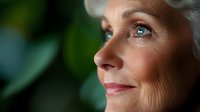 Elegant senior woman with striking blue eyes and silver hair gazes thoughtfully against green background, radiating confidence and grace in profile portrait.