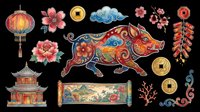Colorful Chinese New Year pig clipart set with lantern, coins, flowers, and pagoda, isolated on transparent background, ready for T-shirts, stickers, and print on demand.