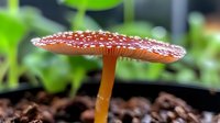 Red spotted mushroom growing in dark soil with green plants in background, macro photography showing detailed texture of fungus cap and stem in natural environment.
