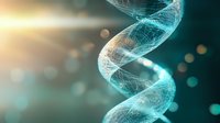 Glowing DNA helix structure with turquoise light effects and bokeh particles on dark background, representing genetic research and biotechnology advancement.