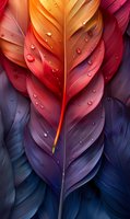Vibrant gradient feathers with water drops in orange, red and deep blue tones create dramatic abstract composition for wall art and textile design.