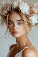 Young woman with natural makeup, freckles and blue eyes wearing white floral crown with dried flowers and feathers. Soft romantic portrait in neutral tones.