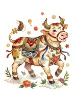 Decorative cow illustration with ornate traditional patterns, golden horns, and festive embellishments isolated on white background for design projects.