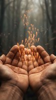 Cupped hands releasing glowing orange arrows upward in mystical forest setting with sunbeams, symbolizing growth, aspiration and spiritual transformation.