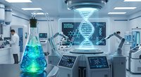 Futuristic laboratory with holographic DNA helix projection, scientists working with advanced biotechnology equipment and glowing chemical solutions.
