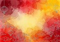 Watercolor gradient background transitioning from deep red to golden yellow with decorative Asian lanterns and cloud motifs, ideal for festive designs and cultural celebrations.