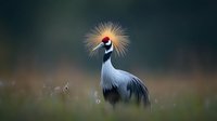Majestic grey crowned crane with distinctive golden crest standing in misty morning meadow, showcasing elegant plumage against blurred natural background.
