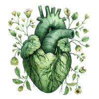 Green anatomical heart with delicate flowers and leaves growing from it, symbolizing life, renewal, and connection between nature and human biology.