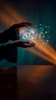 Hands holding glowing digital orb with circuit patterns and particle effects against dark background with orange and teal lighting, representing technology, innovation, and digital transformation.