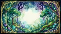 Enchanted forest clearing with mystical trees and moonlight creating magical atmosphere for fantasy storytelling and fairy tale illustrations.