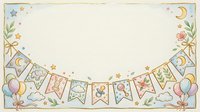 Whimsical nursery bunting banner with moon and star decorations, pastel balloons, and floral elements on cream background, suitable for baby shower invitations, greeting cards, and children's room decor.