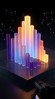 Glowing neon bar chart with colorful gradient columns on dark platform for data visualization and business analytics presentations.