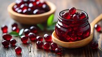 Fresh ripe cranberries in glass jar and wooden bowl on rustic table, scattered berries and green leaves, macro food photography for healthy eating.