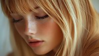 Close up portrait of young blonde woman with freckles and natural makeup, eyes closed, showing soft glowing skin and gentle expression. Artistic beauty photography.