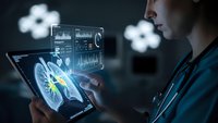 Female doctor analyzing holographic medical data on tablet with futuristic interface technology in modern healthcare environment for digital medicine applications.