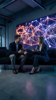 Business professionals discussing technology strategy in modern office with digital network visualization display for corporate presentations.