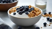 Fresh blueberries and crunchy granola on creamy yogurt in white ceramic bowl, healthy breakfast setup with scattered ingredients on gray surface.