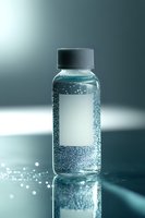 Clear glass bottle with sparkling carbonated water and blank label on reflective surface against teal background, dramatic studio lighting creates atmospheric mood.