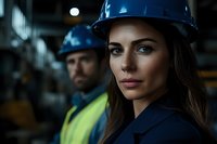 Professional female construction worker in hard hat and safety gear at industrial worksite with male colleague in background.