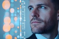 Caucasian businessman with beard in profile against blurred blue background with bokeh lights, contemplating future technology and innovation.